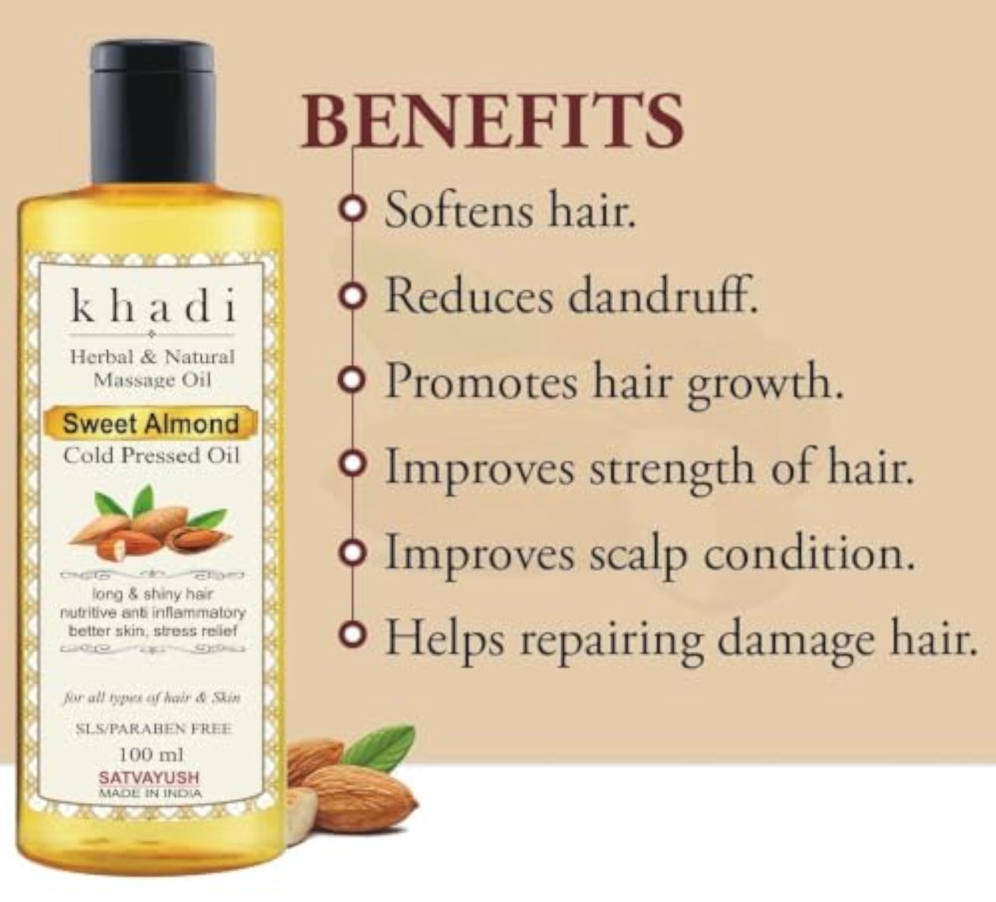 Khadi Badam Sweet Almond Oil 100ml, Pure Cold Pressed